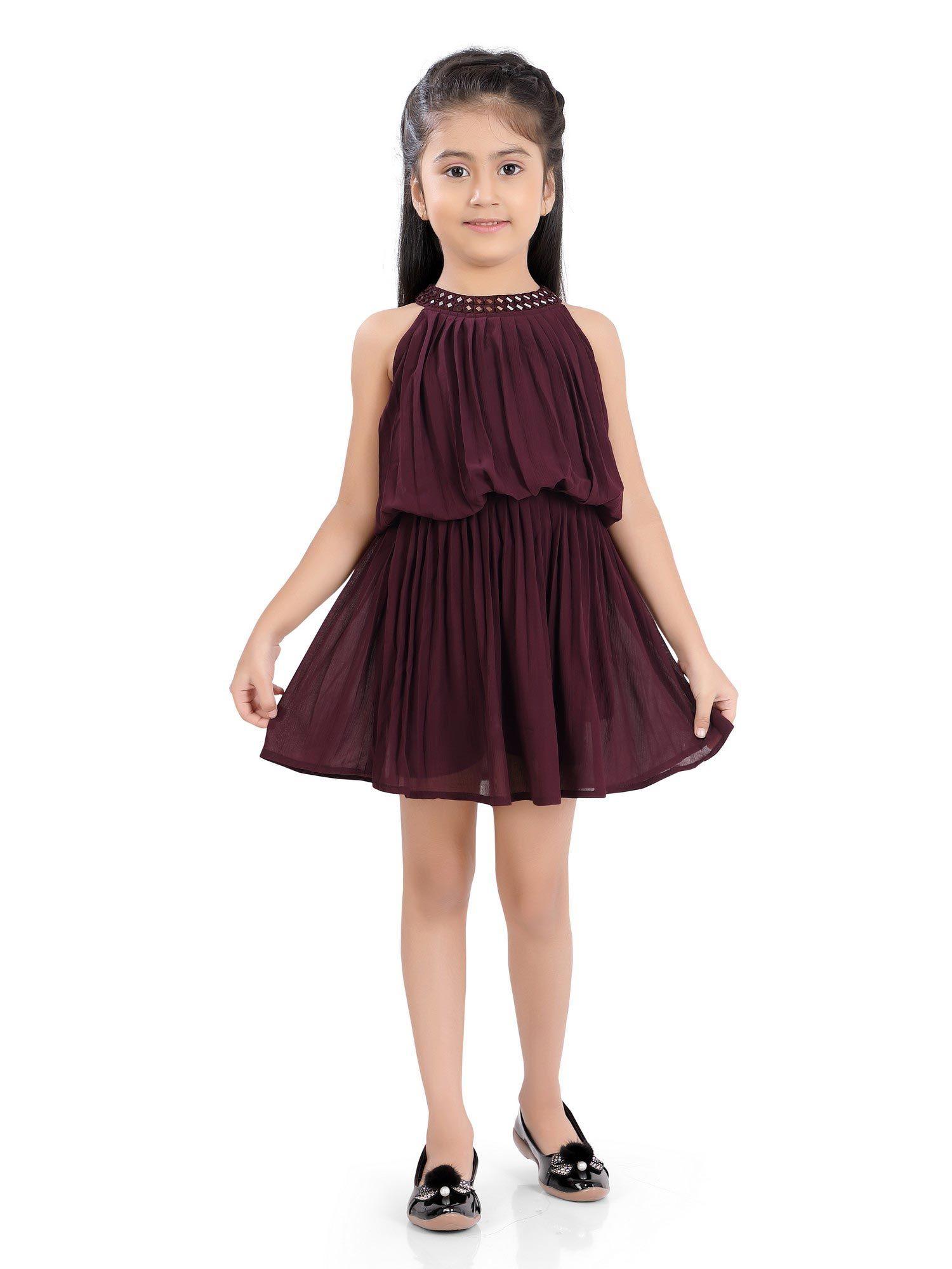 pleated cotton mini dress for girls - wine