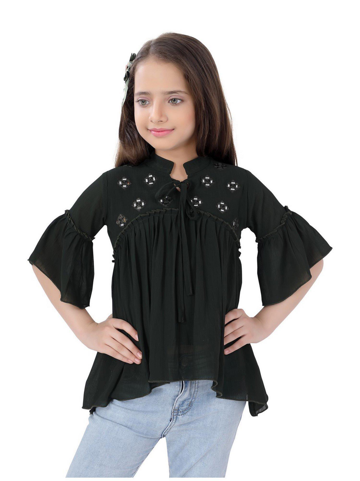 pleated cotton regular length top for girls - green