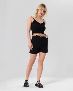 pleated cotton shorts with belt