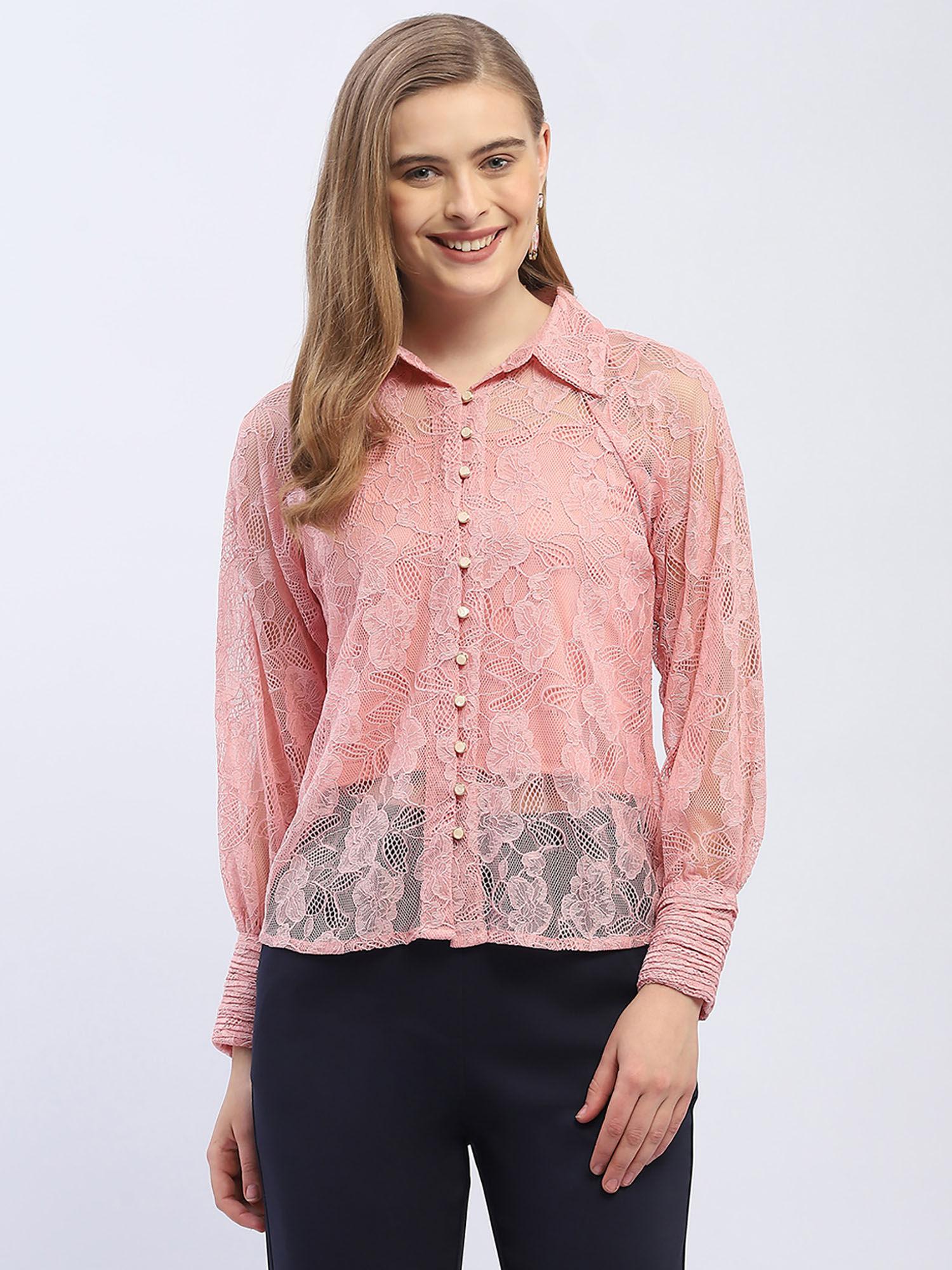 pleated cuff pink lace shirt