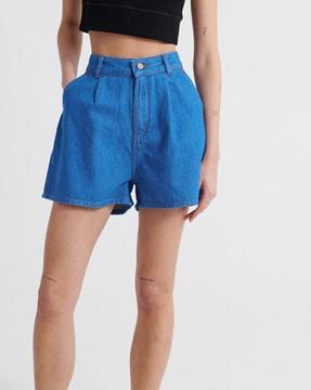 pleated denim a-line shorts with insert pockets