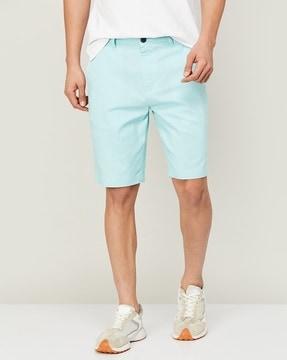 pleated denim shorts with insert pockets