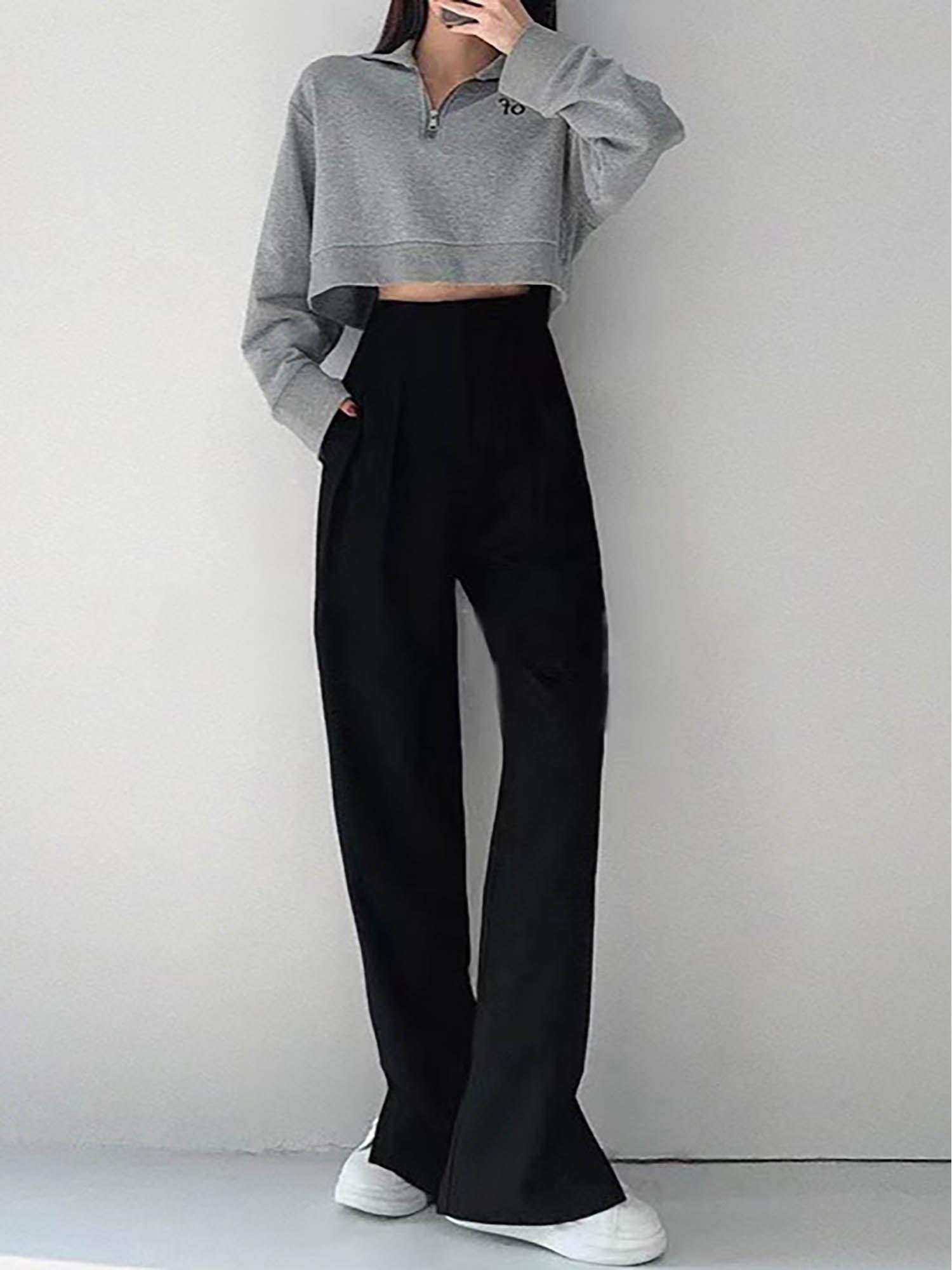 pleated detail high waist pants-black