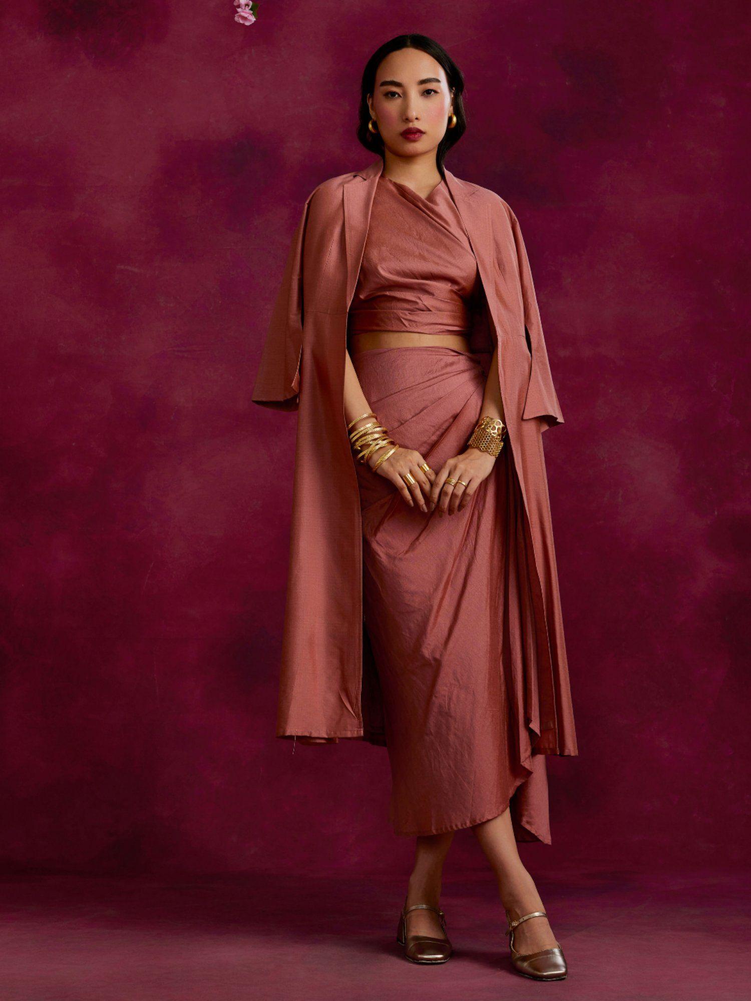 pleated drape top & skirt co-ord layered with flared jacket rose brown (set of 3)