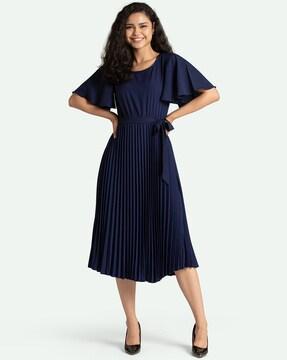 pleated empire dress with fabric belt