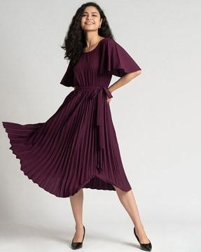 pleated fit & flare dress with belt