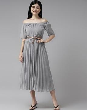 pleated fit & flare dress with belt