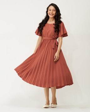 pleated fit & flare dress with waist tie-up