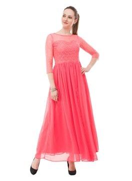 pleated fit & flare gown with floral lace yoke