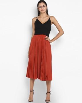 pleated fit and flare dress