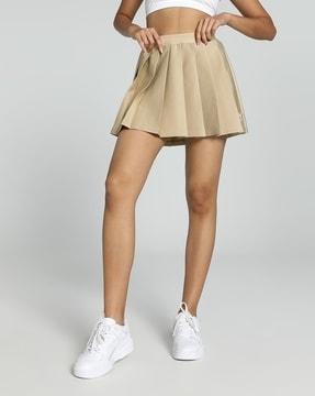 pleated flared skirt with logo print