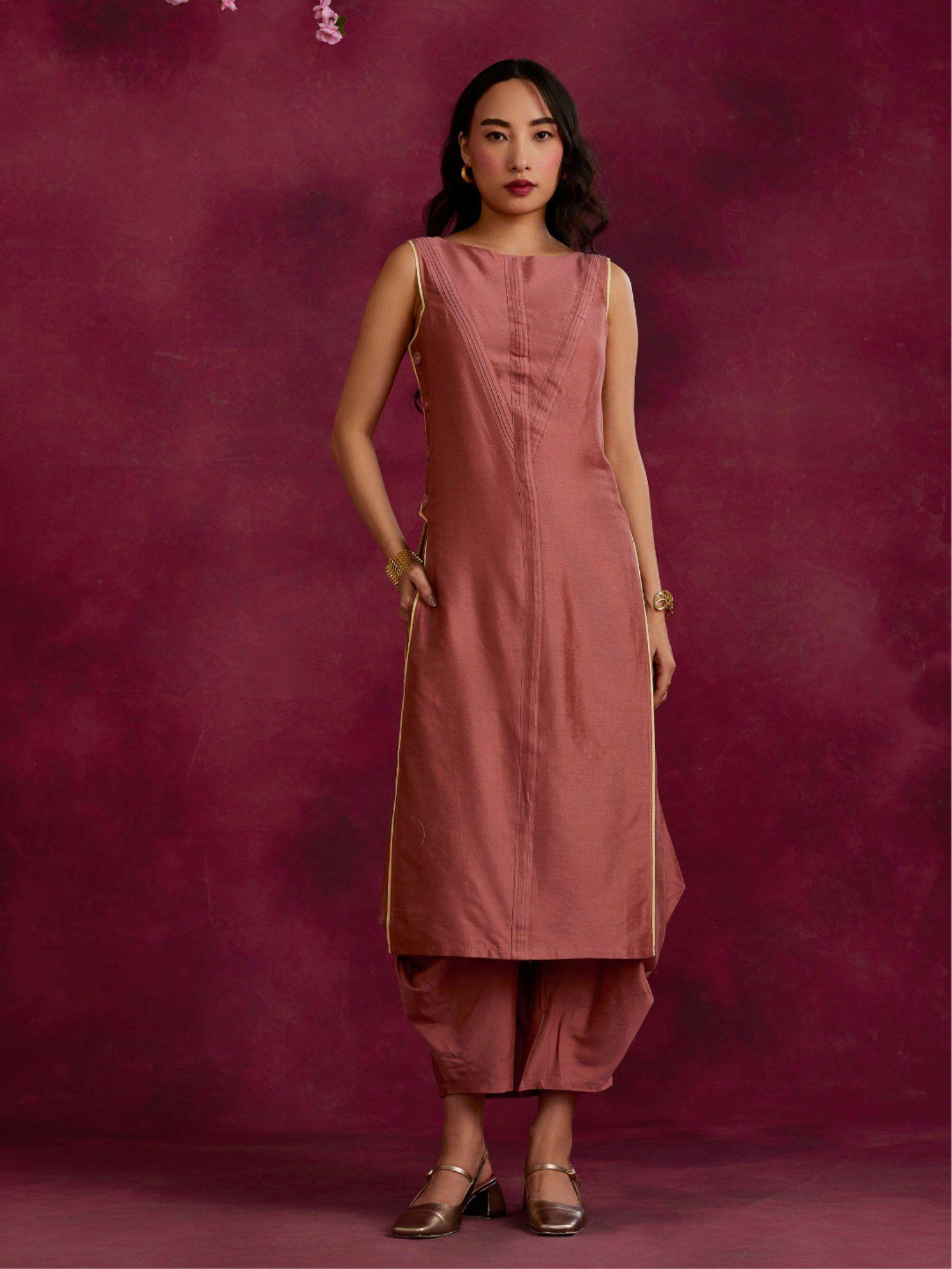 pleated front & side buttoned kurta rose brown