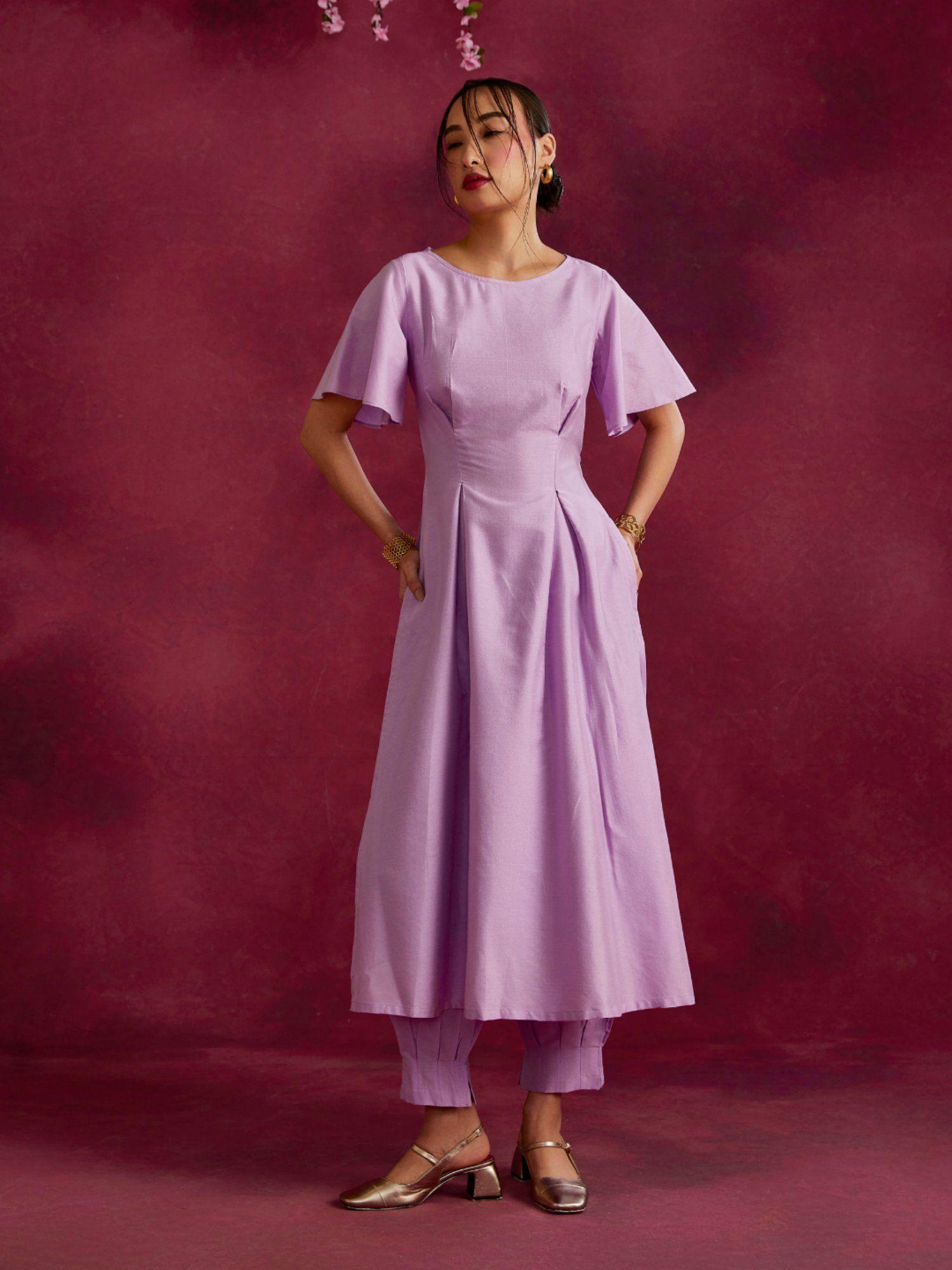 pleated front kurta with back cut out with pleated pathani pants lavender (set of 2)