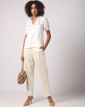 pleated front pants with pockets