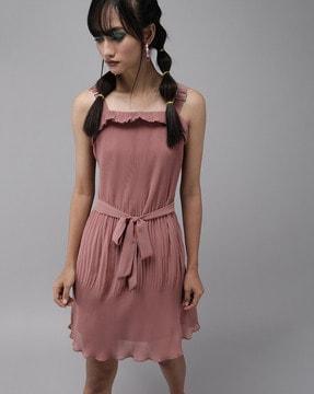 pleated georgette a-line dress with waist tie-up