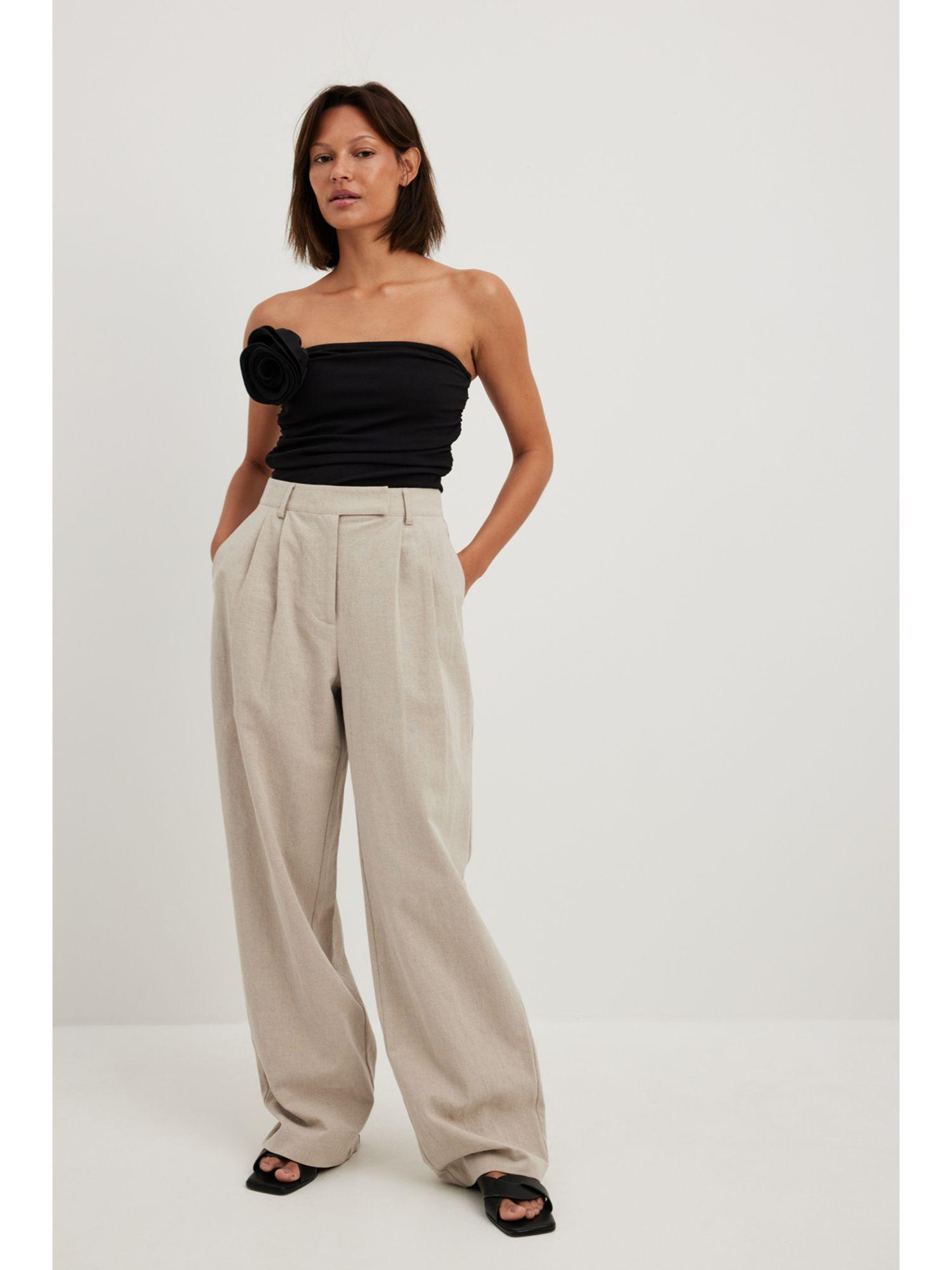 pleated high waist linen blend pants beige