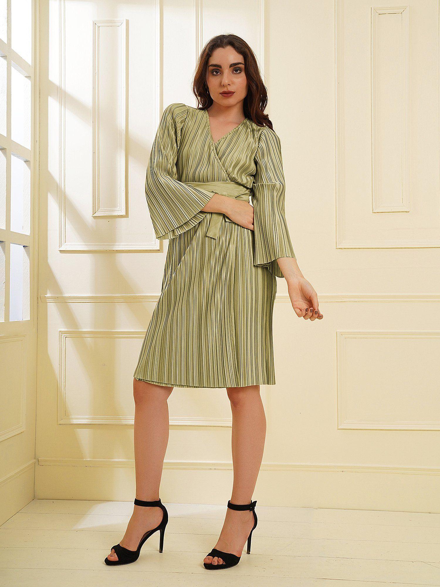 pleated light green wrap knit dress with belt (set of 2)