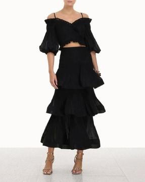 pleated midi tiered skirt