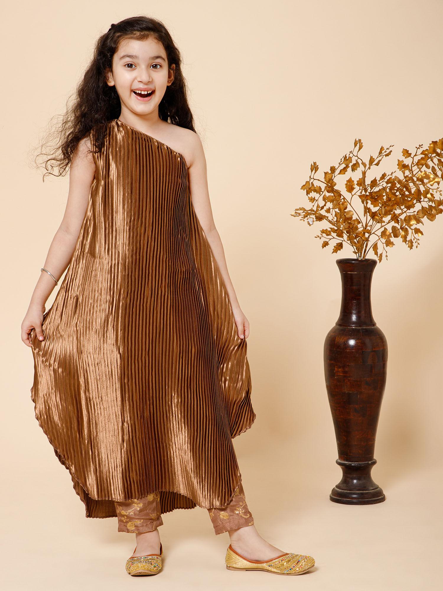 pleated one shoulder gold kurta with pant (set of 2)