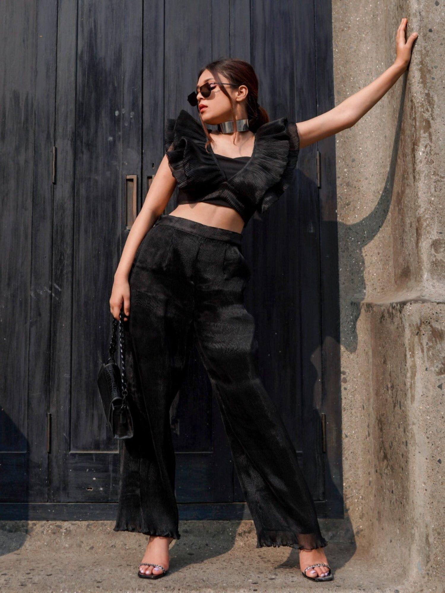 pleated organza pants-black