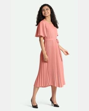 pleated round-neck a-line dress