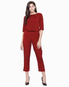 pleated round-neck ankle-length jumpsuit