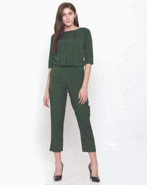 pleated round-neck ankle-length jumpsuit