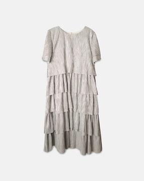 pleated round-neck fit & flare dress