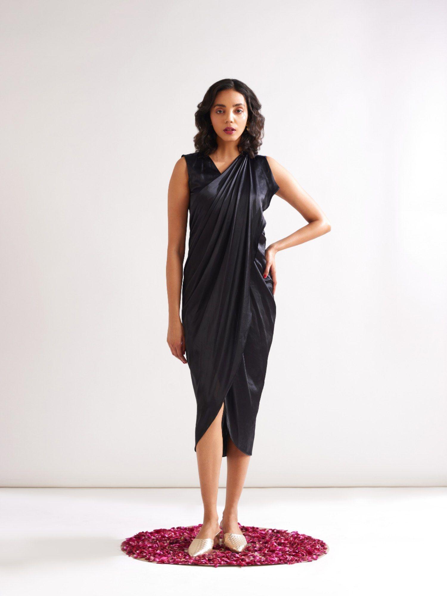 pleated shoulder draped dress - rich black