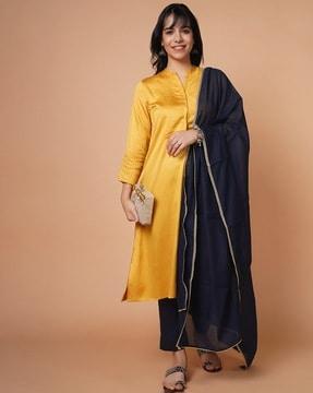 pleated straight kurta set with dupatta