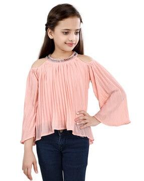 pleated top with cold-shoulder sleeves 
