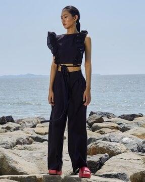 pleated trousers with flared bottoms