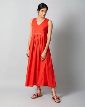 pleated v-neck a-line dress