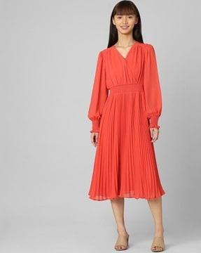 pleated v-neck fit & flare dress