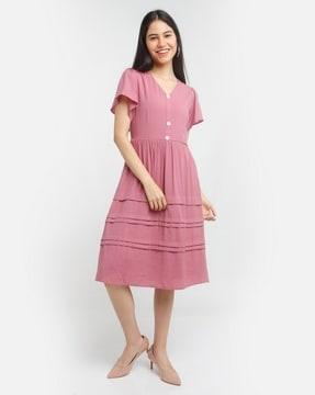 pleated v-neck tiered dress