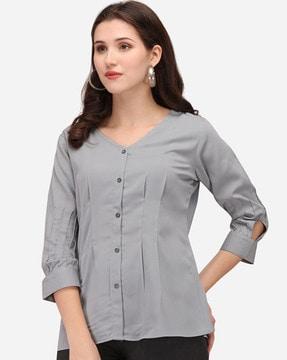 pleated v-neck top with button-front
