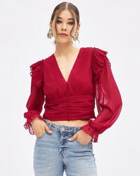 pleated v-neck top with ruffled detail