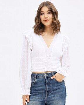 pleated v-neck top with ruffled detail