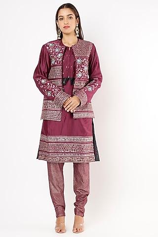 plum embroidered kurta set with jacket