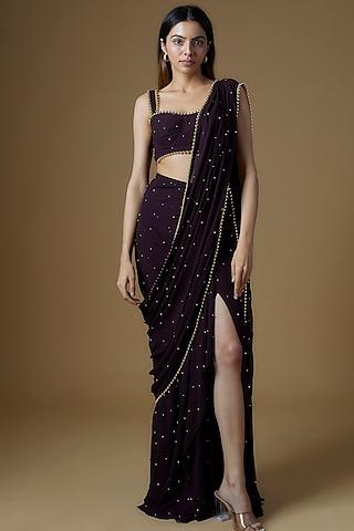 plum georgette embroidered draped saree set