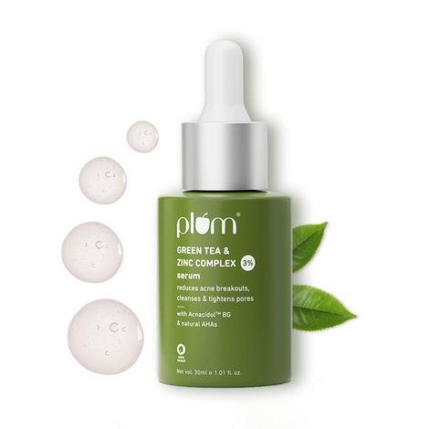 plum green tea & zinc complex 3% | with acnacidoltm bg & natural ahas | fights pimples & tightens pores | controls oil & gently exfoliates | for all skin types | 100% vegan | 30 ml