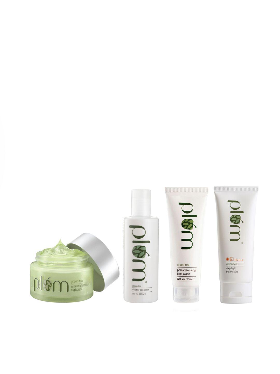 plum green tea sustainable set of toner-face wash- night gel-day-light gel sunscreen