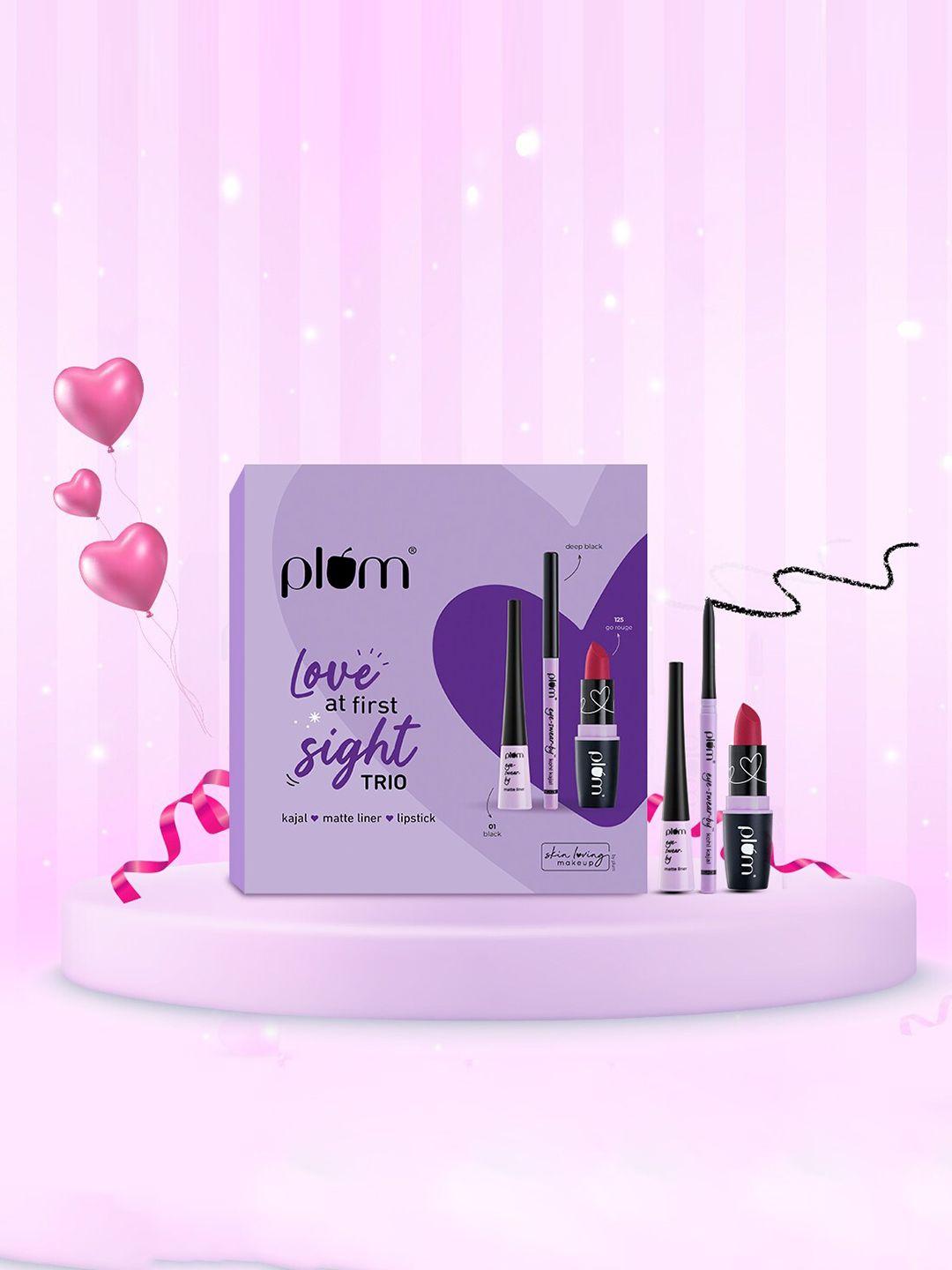 plum love at first sight trio-kajal - deep black+matte eye liner-black 01+lipstick 125