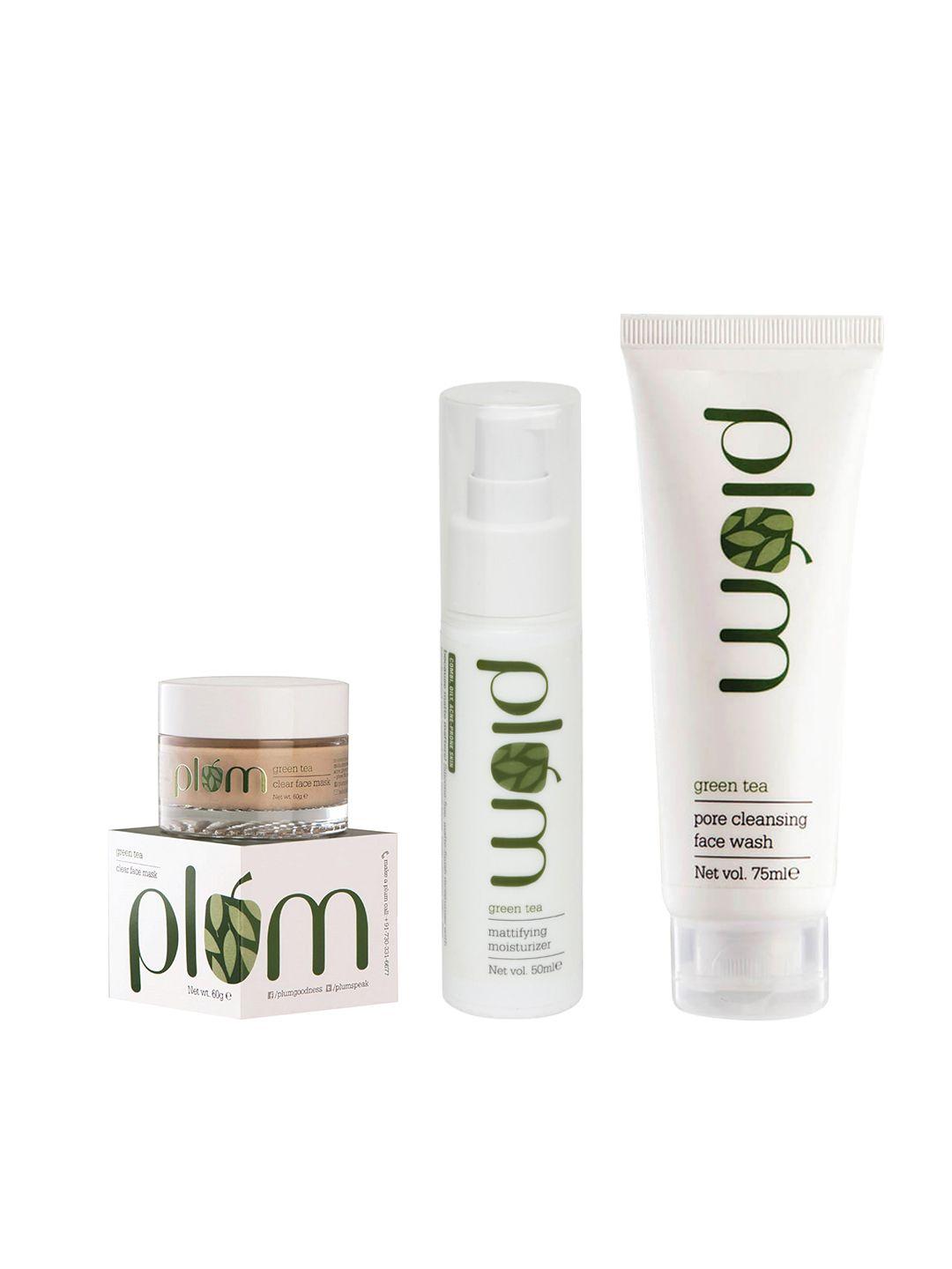 plum plum green tea set of clear face mask, mattifying moisturiser & face wash