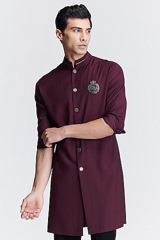 plum poly viscose suiting crest embroidered sherwani