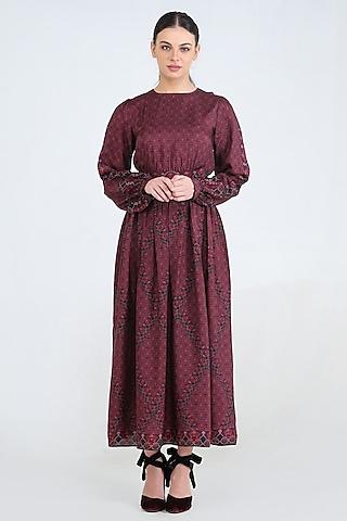 plum printed dress with belt for girls