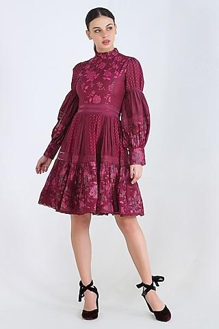 plum printed dress with lace detailing for girls