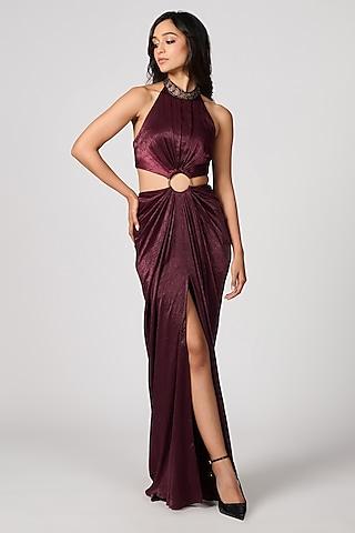 plum sandwash satin shimmer crystal cut-out gown saree