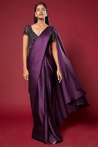 plum satin draped saree set