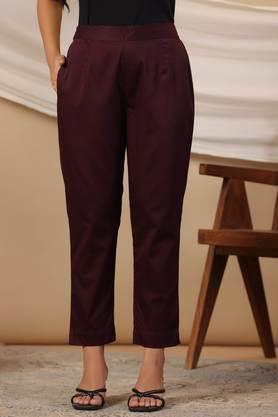 plum solid lycra women drawstring pants with single side pocket - plum